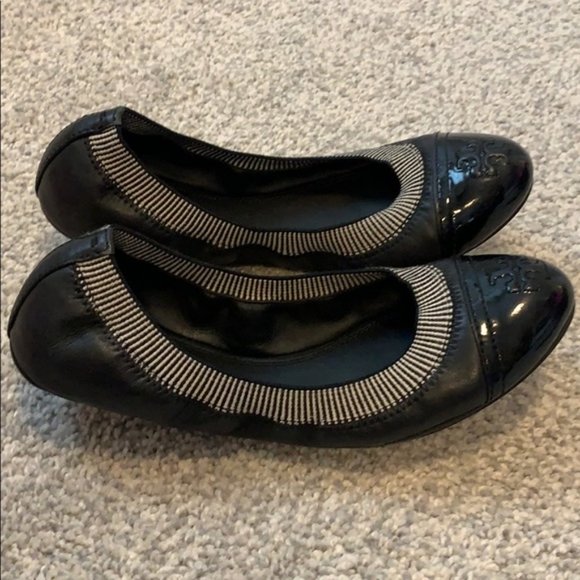 TORY BURCH LIKE NEW BLACK LEATHER GABBY BALLET FLAT ELASTIC FITTED COMFY Size 7 - Picture 12 of 16